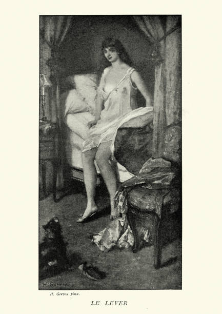 Femme en chemise de nuit sur une ancienne gravure illustrant le passé 