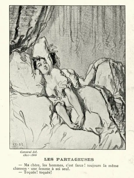 Femmes en chemise de nuit sur une ancienne gravure