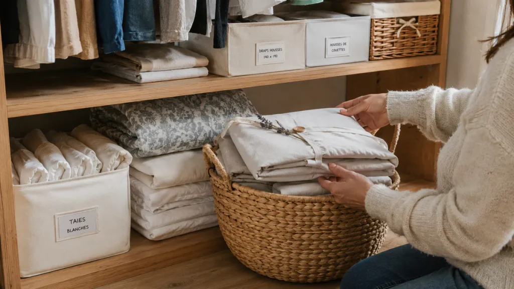 où ranger sa couette quand on manque de place, linge de lit plié rangé dans des boîtes et paniers